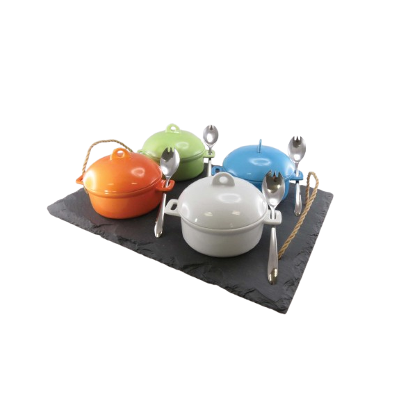 Plateau 30x30 corde mini marmites 9 pcs couleurs